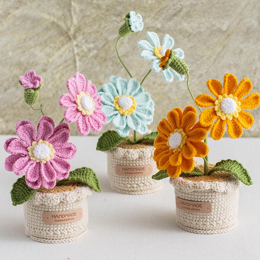 Finished Handmade Crochet Flower Hand Knitted Potted Plants Crochet Faux Flower DIY Crochet Flowers Home Car Decor Unique Gifts