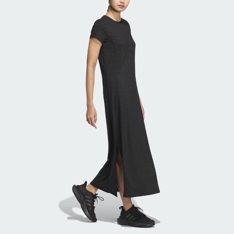 adidas Cool Feeling Logo Short Sleeve Dress, Quick-Dry Ribbed Crew Neck, Casual Sport Women Black JD5278