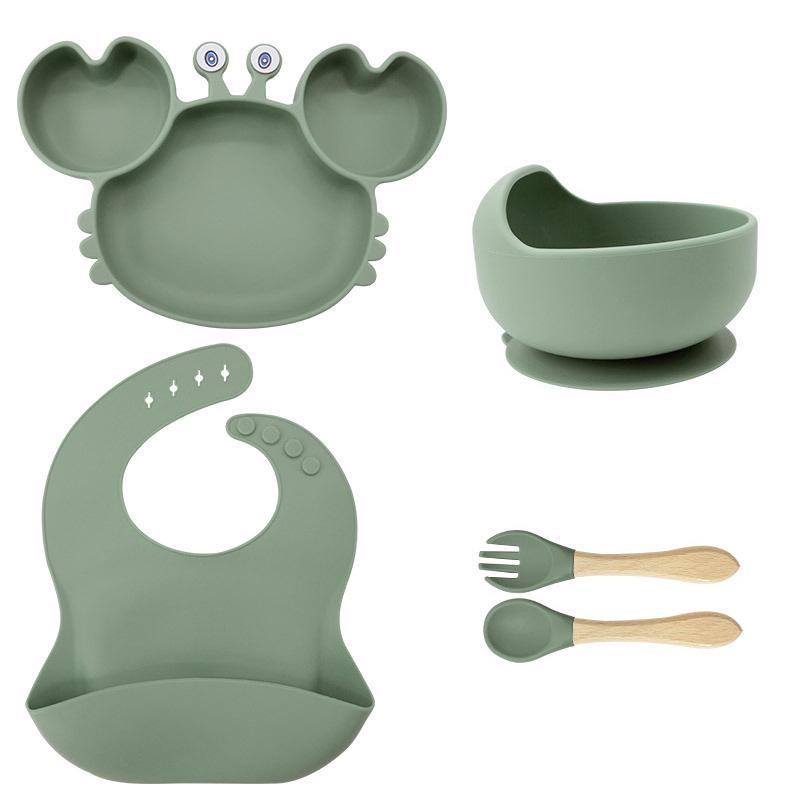 Crab-Themed Silicone Tableware Set: 9-Piece Baby Feeding Kit with Meal Plate, Bowl, Spoon, and Fork