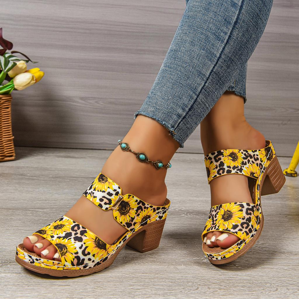 Foreign trade new graffiti large size high heel slippers women buckle light thick heel cool slippers wish source