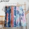 BITCED Tie-Dye Ice Silk Wide-Leg Trousers for Women Summer Lightweight High-Waisted Drape-Effect Colour-Printed Pleated Casual Floor-Length Trousers