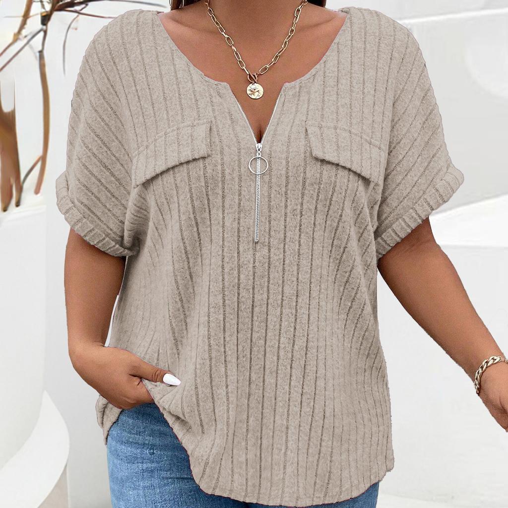 Frühling und Sommer Einfarbig Große Größe frauen Tops Zipper Kurzarm Gefälschte Tasche Pullover Lose T-Shirt