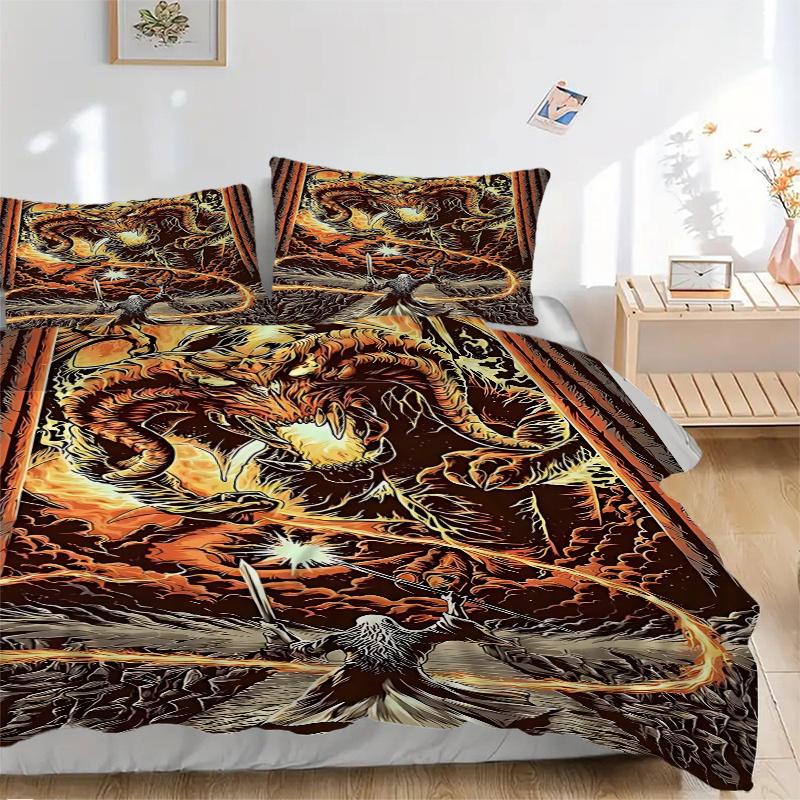 3pcs Dragon Vs Wizard Comforter Set with One Quilt Cover and Two Pillowcases (No Core) - Anime Cartoon Design, Polyester Fabric, Perfect for Bedroom a