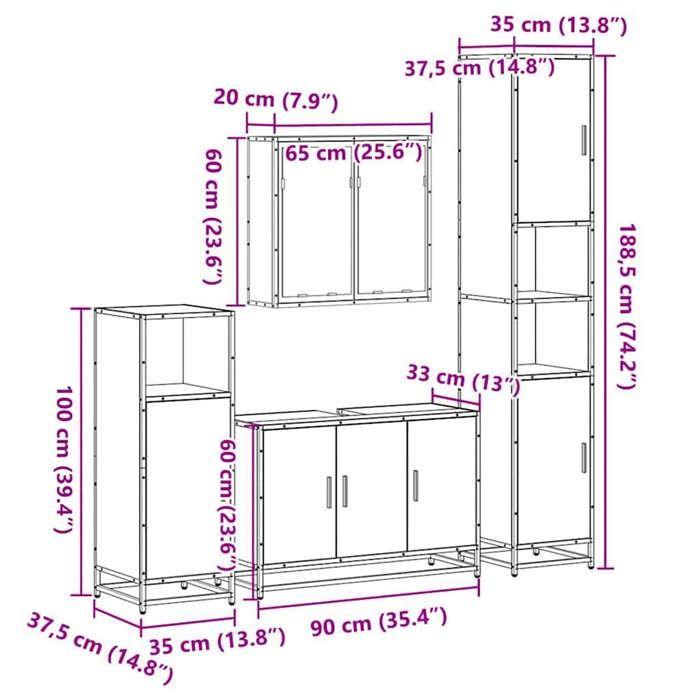VidaXL 4-piece Bathroom Furniture Set Smoked Oak Engineered Wood, Bathroom Cabinet, Storage Cabinet of 3301192