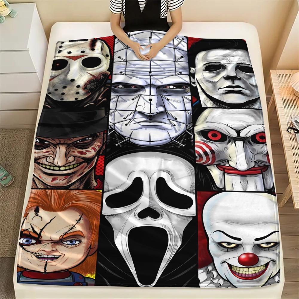 1 szt. Koc flanelowy z nadrukiem z filmu grozy, Wysokiej jakości, Wygodny na wszystkie pory roku, Wystrój domu, Ciepło i komfort, Idealny na prezenty świąteczne