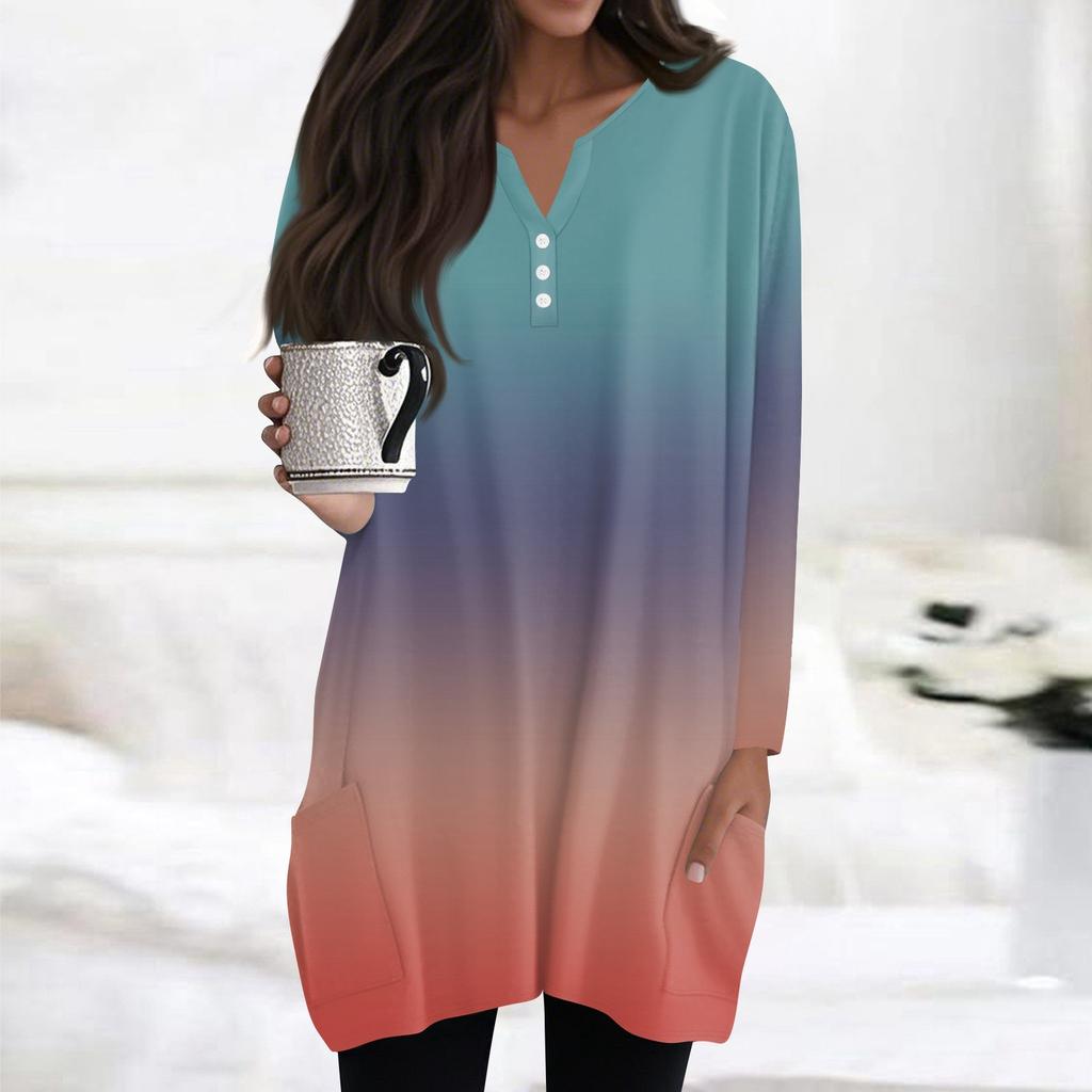 Womens Tops V-neck Button Long Sleeve Blouses Casual Mid-length Shirts Fashion Print Tunic Tops With Pockets