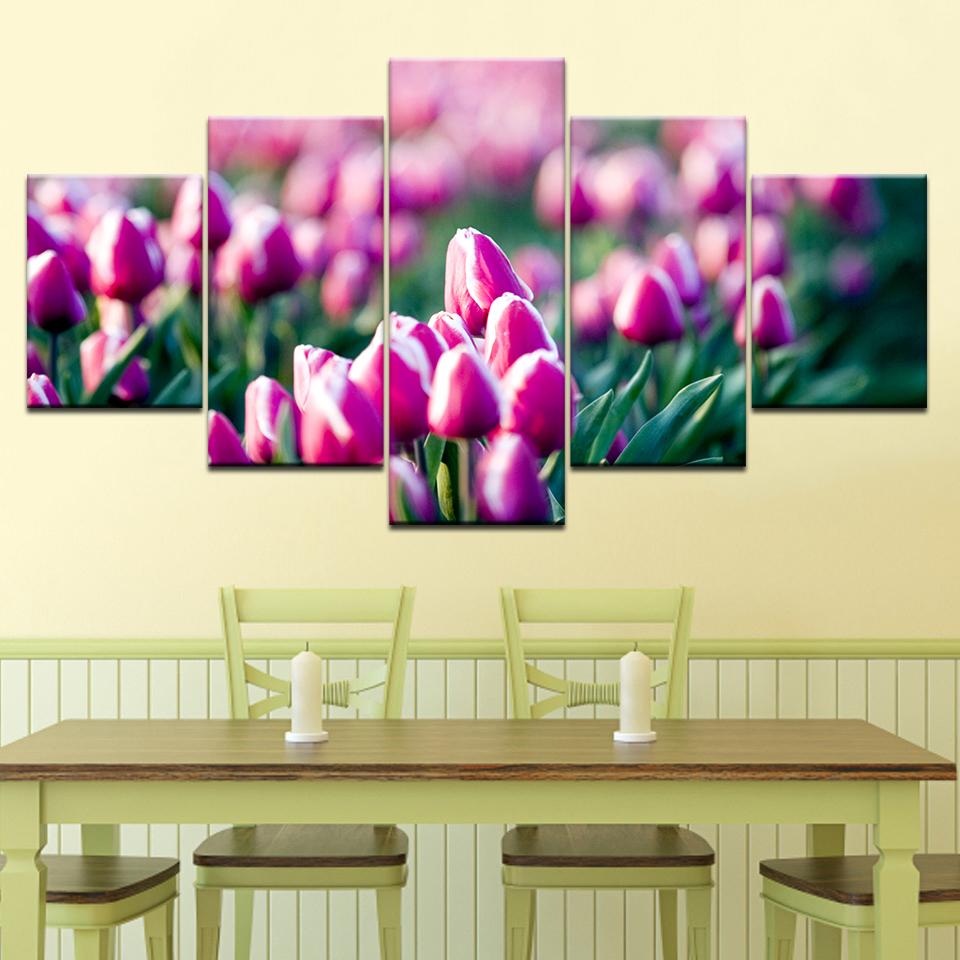 

The pink tulip flowers 5 Panels Wallpapers modern Modular Poster art Canvas painting for Living Room Home Decor 20x35 20x45 20x55cm