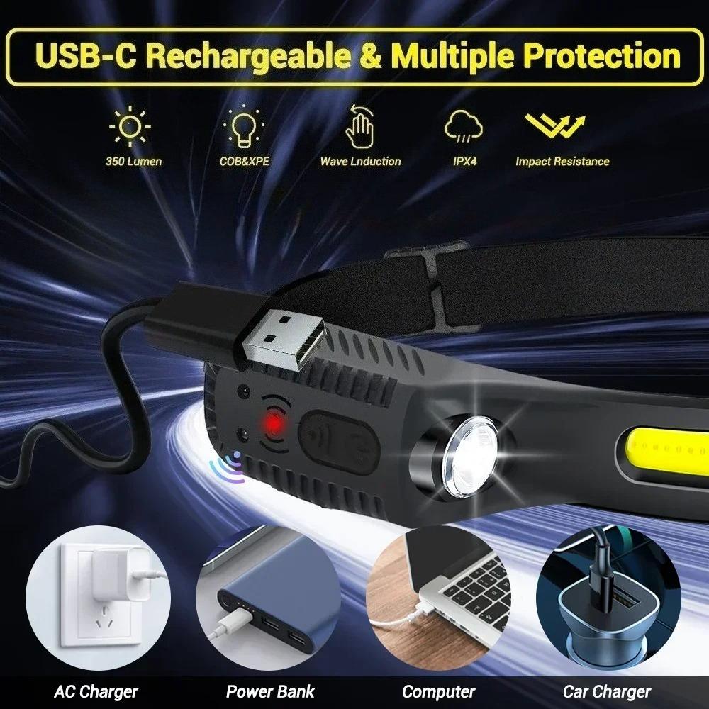 Induction COB LED Headlamp USB Rechargeable Built-in Battery 5 Lighting Modes Outdoor Emergency Fishing Light