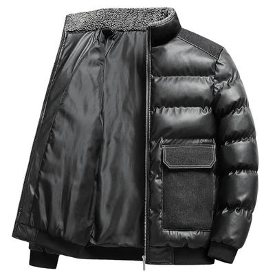 Winter Men's Cotton Thickened Coat Slim Fit Standing Collar Panel PU Leather Large Pocket Cotton Coat Men's Jacket