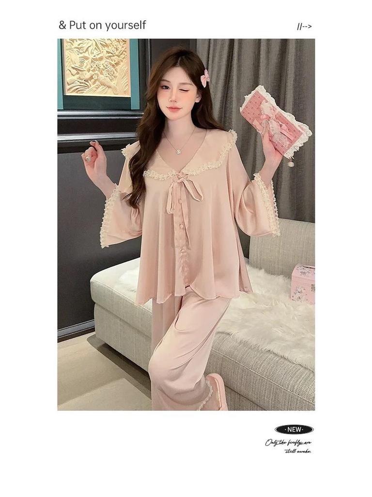 Women's Chiffon Pajama Set - Sweet Spring & Autumn Style, Doll Collar, Long Sleeves & Pants, Elegant & Lightweight Homewear