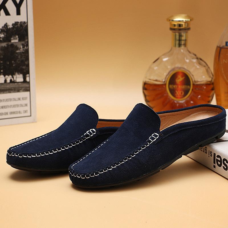 Fashion Summer Mules Suede Leather Half Shoes For Men Casual Mens Penny Loafers Slipper Slip On Flats Lazy Driving Shoes Man Moccasin