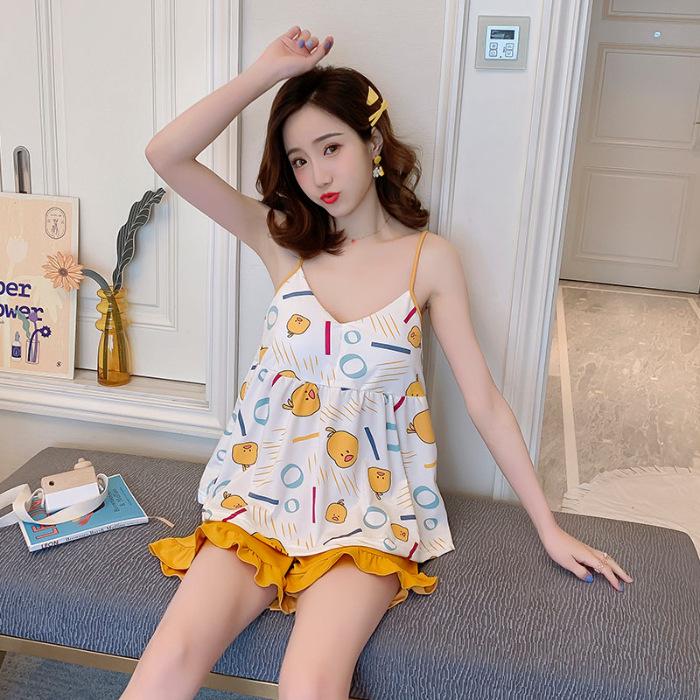 Ladies' Summer Padded Pajama Set: Bow & Suspenders Shorts, Casual Sports Style