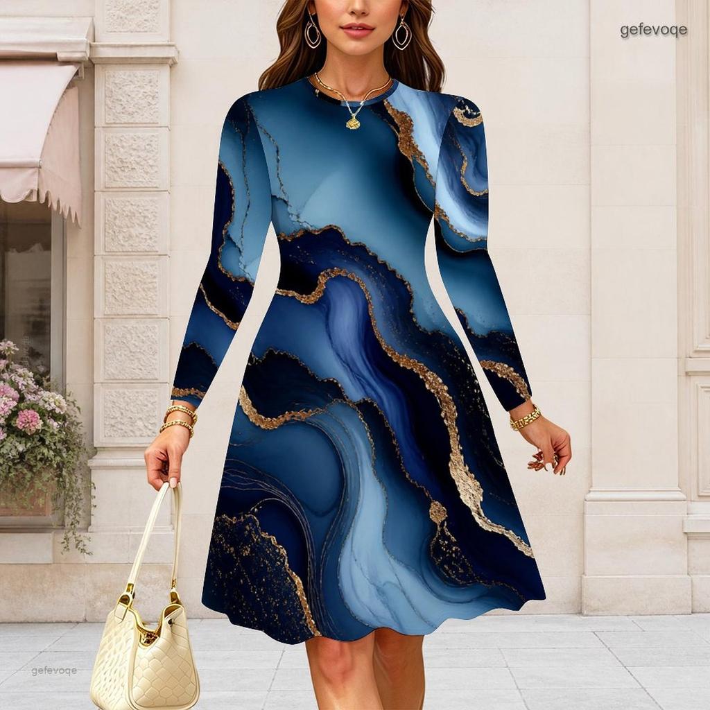 Women Plus Size Round Neck Long Sleeve Dark Teal Navy Gold Printed A Line Flared Dress