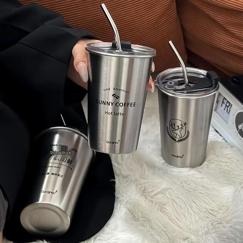 500ml Stainless Steel Coffee Travel Mug with Lid & Straw