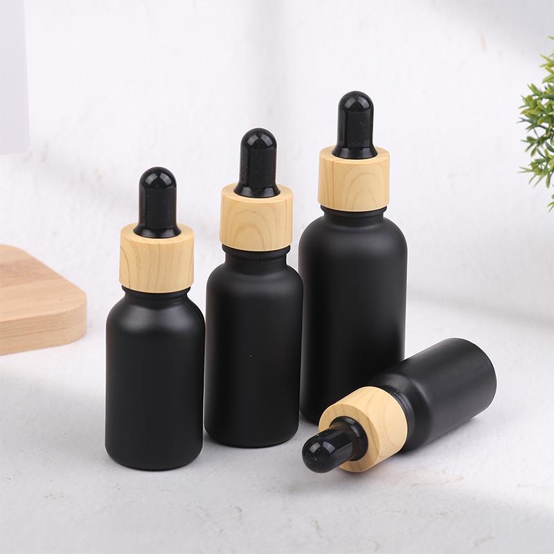 5Ml-100Ml Black Frosted Essential Oil Glass Bottle Wood Grain Dropper Bottle Aromatherapy Liquid Pipette Bottle Refillable