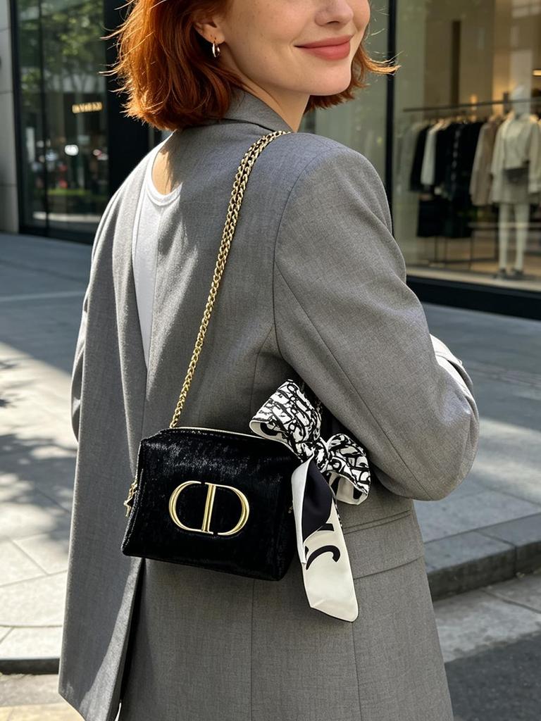 DIOR Black Cosmetic Makeup Pouch, Bonus Silk‑Scarf Bow & Gold Chain Strap, DIY Convertible Women Crossbody Shoulder Bag