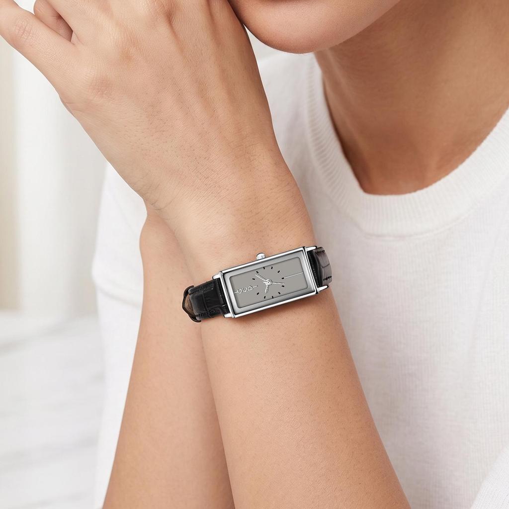 Gedi Women's Rectangle Quartz Watch - Black Crocodile Leather, Waterproof & Elegant for Daily Wear