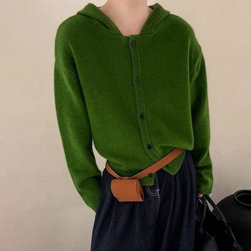 New autumn and winter simple retro hooded single-breasted knitted jacket women's plush casual knitted cardigan women's