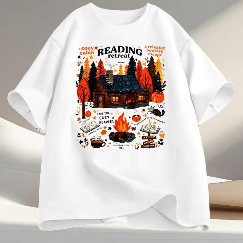 Cozy cabin reading retreat autumn bookish escape T-shirt M