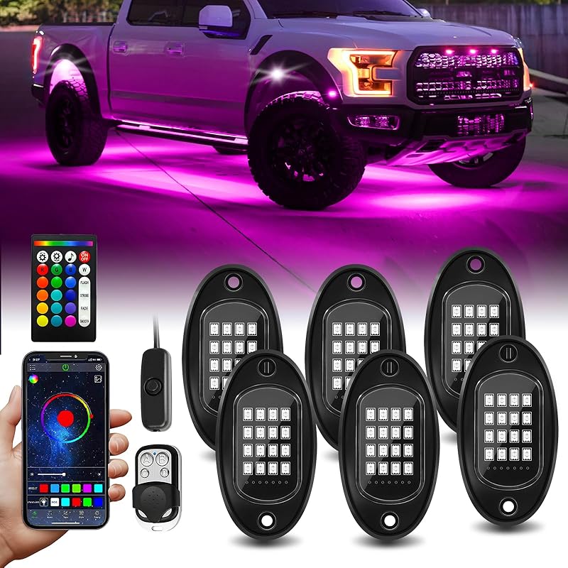 8 Pods RGB LED Rock Lights with APP/RF Remote Control High Brights Waterproof Underglow Multicolor Zone Neon Exterior Rock Lights for 12V Trucks Jeep