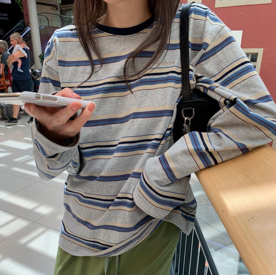 

Korean Style Letter Embroidery Striped Casual Long Sleeve T-shirt for Women One Size сірий колір