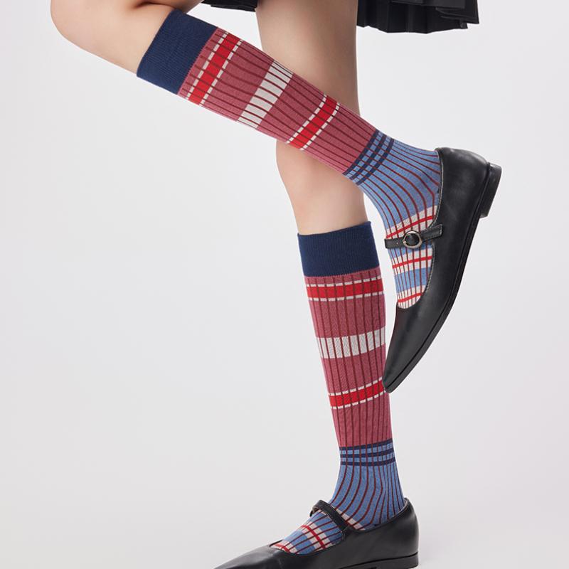Otoño/Invierno Calcetines de Media Caña para Mujer hasta la Rodilla y la Pantorrilla Retro Coloridos Rayas Horizontales Pierna Estilo Universitario Calcetines de Puro Algodón