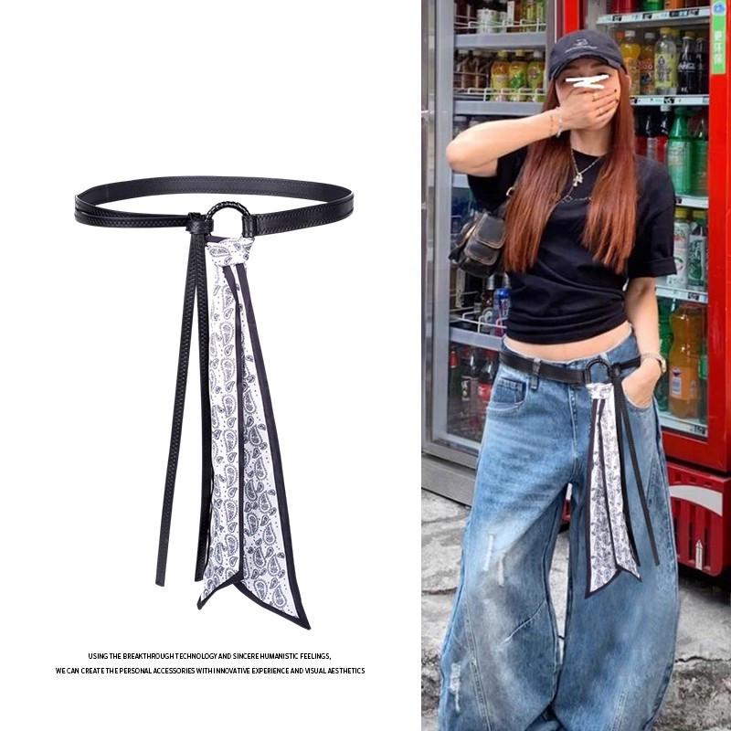 Foulard Vintage Rouge en Soie Ceinture - Ceinture Ruban Hip Hop Punk pour Femme avec Accent Chaîne pour Jeans