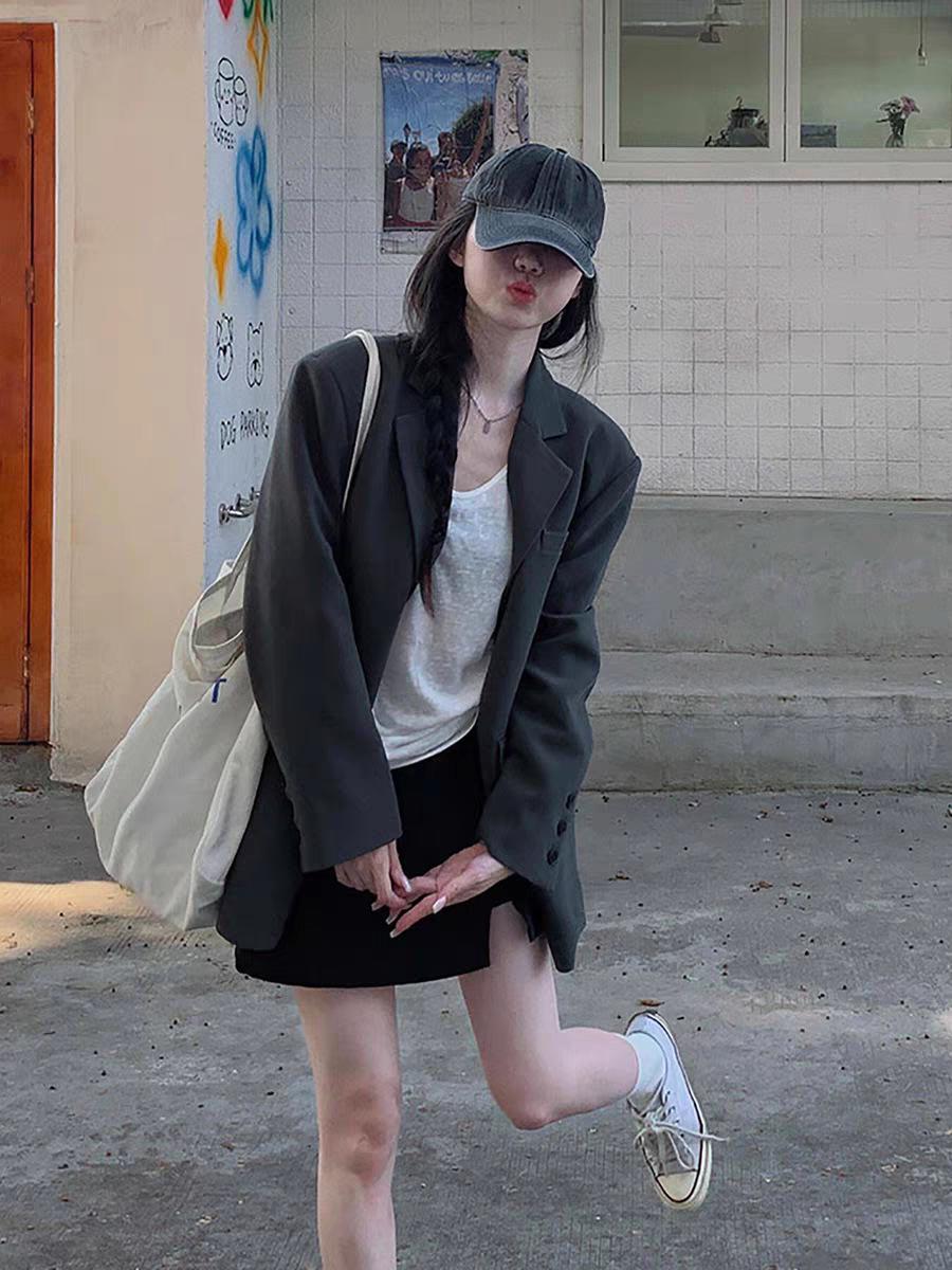 Женский приталенный свободный черный корейский костюмный пиджак средней длины в академическом стиле Extra Large серый