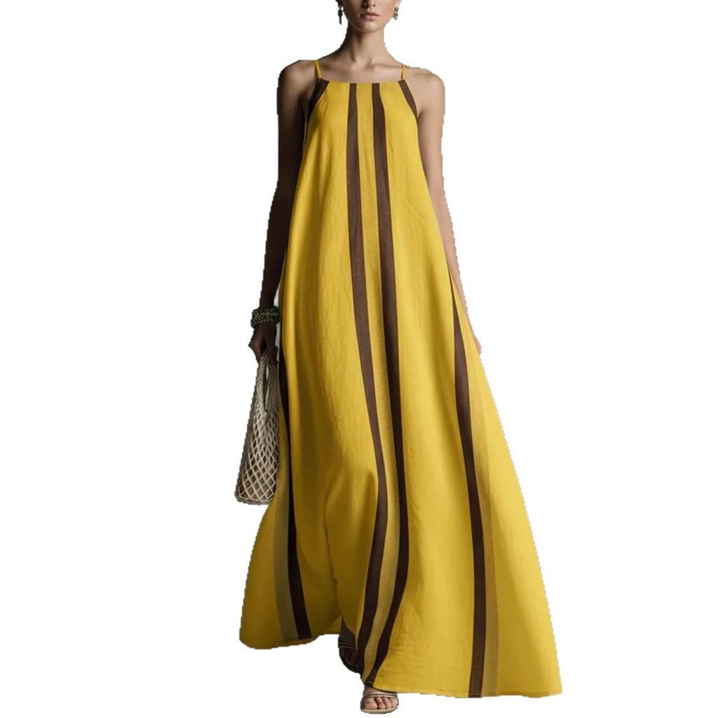 Women Summer Vertical Stripe Spaghetti Strap Maxi Dress, Loose Flowy Linen Sundress, Casual Vacation Beach Resort Long Dress
