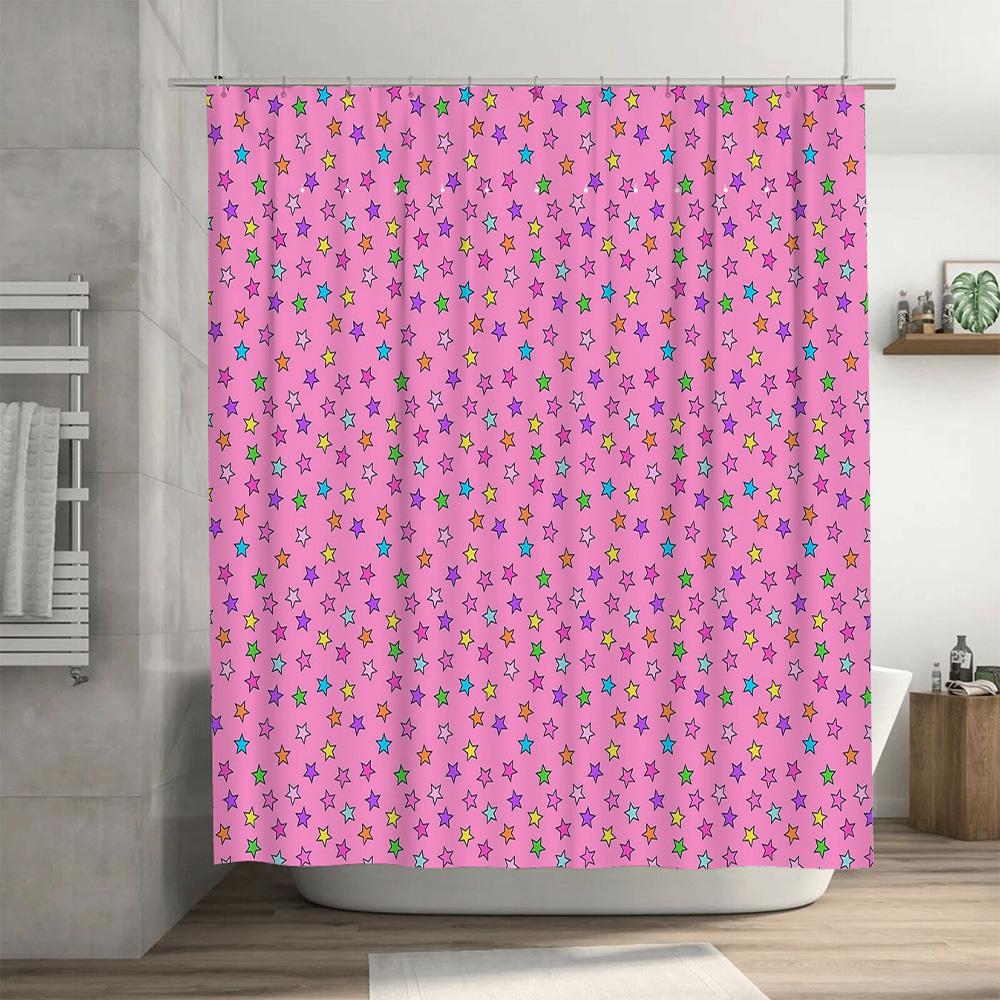 Cute Rainbow Stars Shower Curtain Set Waterproof Bathroom Decor Trendy Aesthetic Room Divider Hippie Colorful Nursery Backdrop