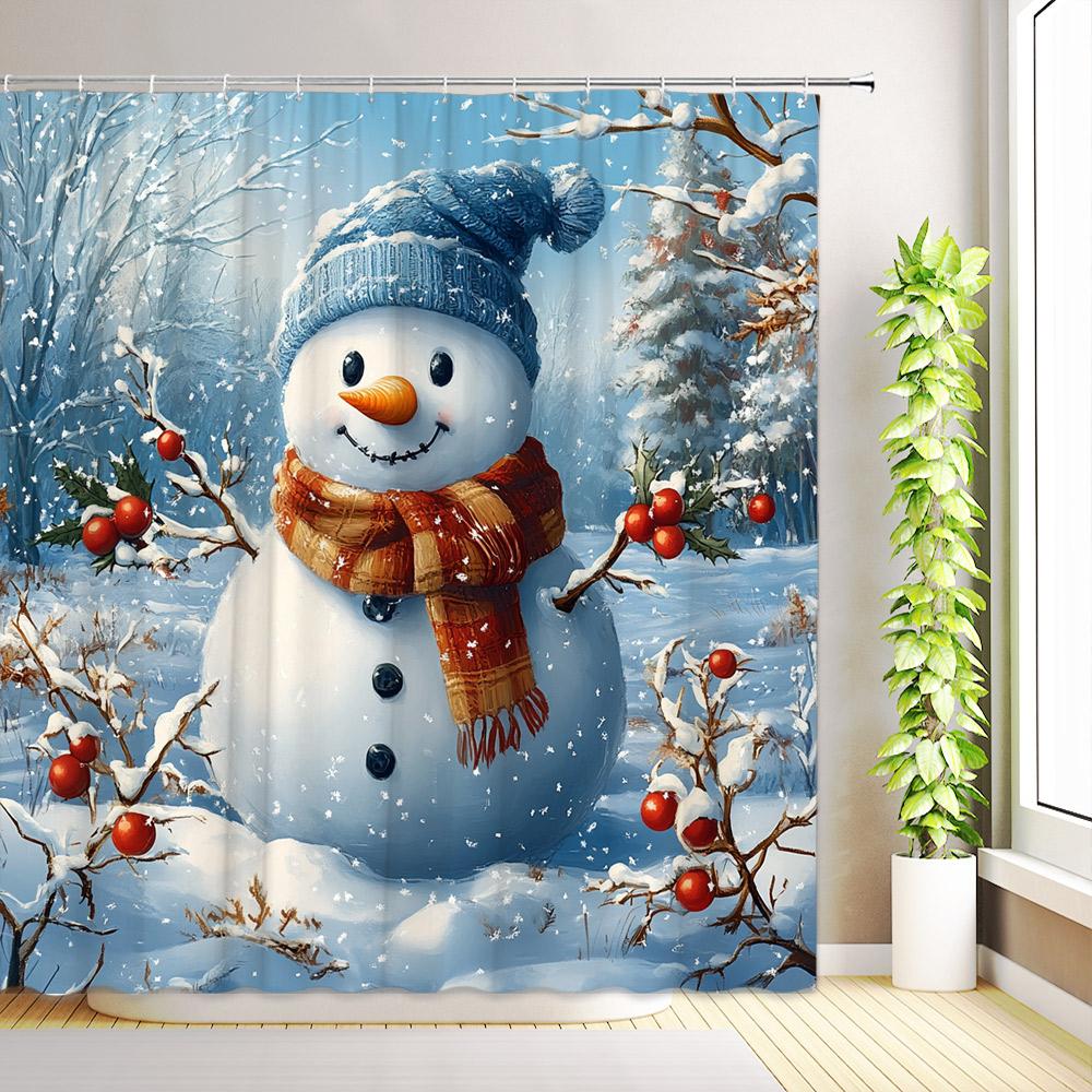 Christmas Snowman Shower Curtain Trees Gift Boxes Snowflake Winter Forest Snow Scenery Cedar Xmas Home Bathroom Decor With Hooks