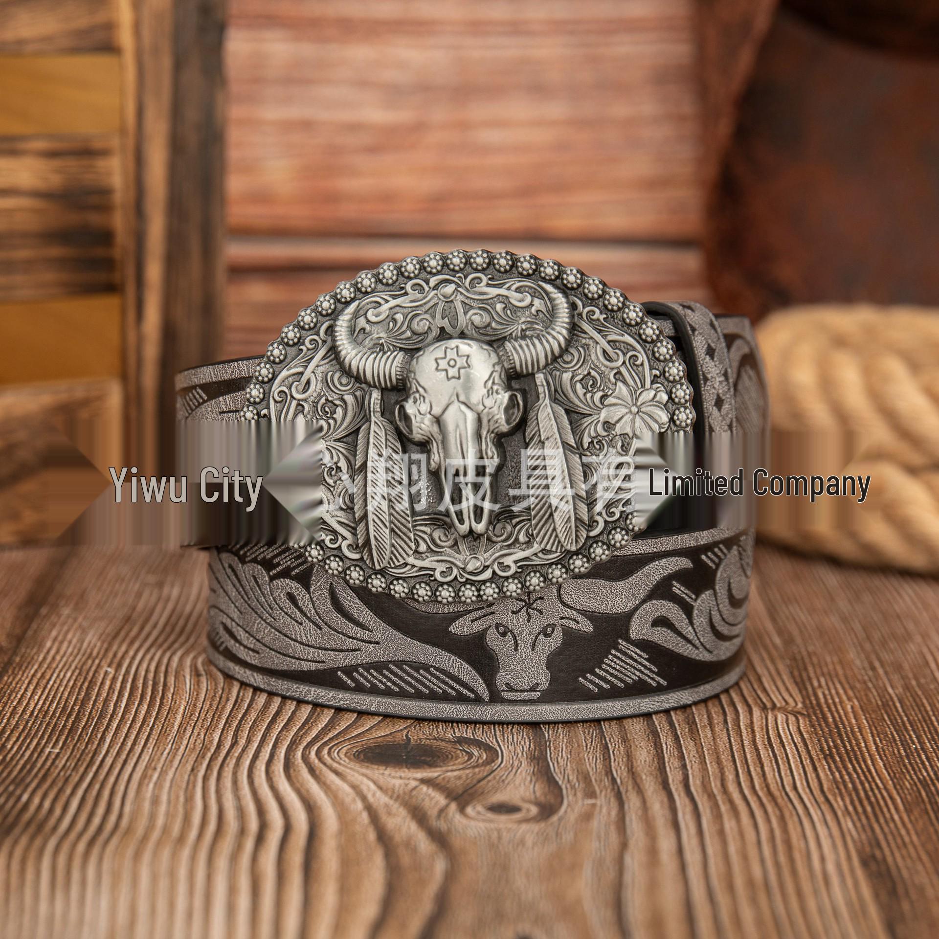 Retro Western Cowboy Bull Head PU Leather Belt with Feathered Sharp Corners 120 cm серый