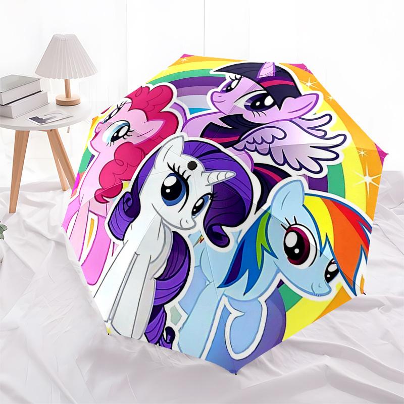 

1 шт. Зонт-трость My Little Pony с бантом, автоматическое складывание, портативная 3-секционная конструкция, 8-спицевый железный каркас, уличный зонт, идеальный подарок для фанатов, путешественников,