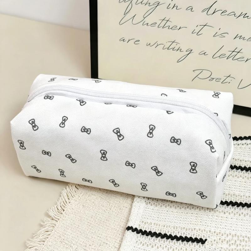 Canvas Pencil Case Polka Dot Bow Cat Star Print Sturdy Zipper Perfect For Students Daily Stationery Storage
