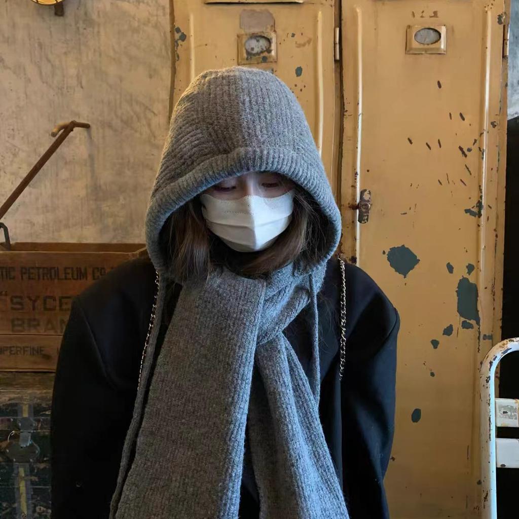 Korean knitted hat and scarf integrated women's autumn and winter new warm thickened ear protectors wool balaclava hat