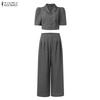 ZANZEA Women Short Sleeve Cropped Tops and Long Pants Two Piece Suit Sets