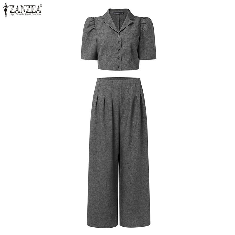 ZANZEA Women Short Sleeve Cropped Tops and Long Pants Two Piece Suit Sets
