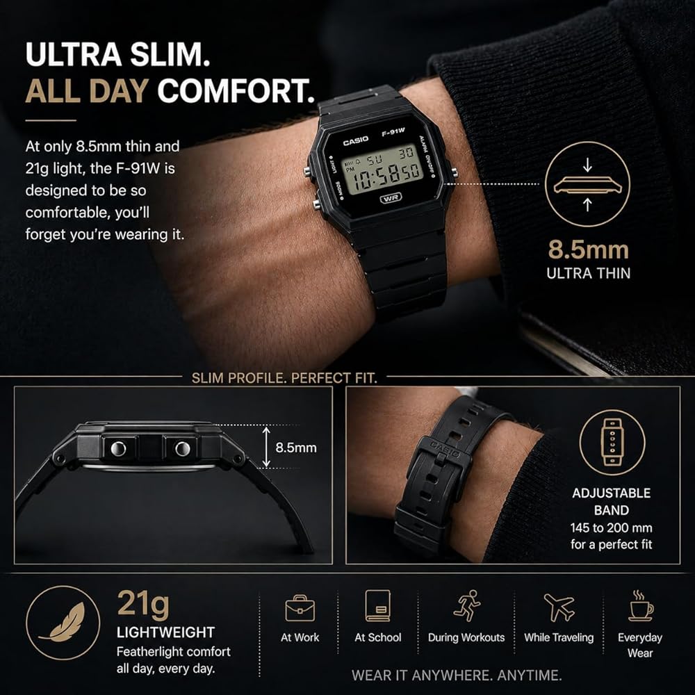 Casio F91W Digital Watch Waterproof LED Light Stopwatch 1/100 Sec Black/White Minimalist Design