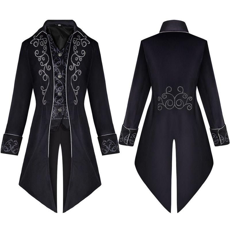 Halloween Swallowtail Cosplay Costume Medieval Retro Clothing Mid-Length Punk Men s Cosplay Coat European and American New Style Silver-Trimmed Black Tuxedo XL