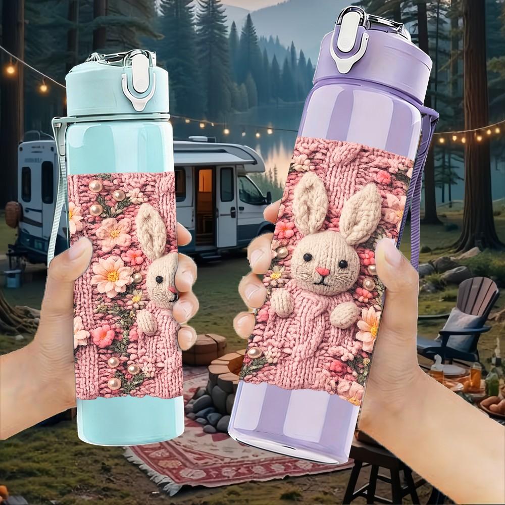 1PC Bunny Rabbit Inside Pink Flower Print 750ml Color Plastic Sports Water Bottle Leakproof Flip Straw Lid Suitable for Sports Office Home Use