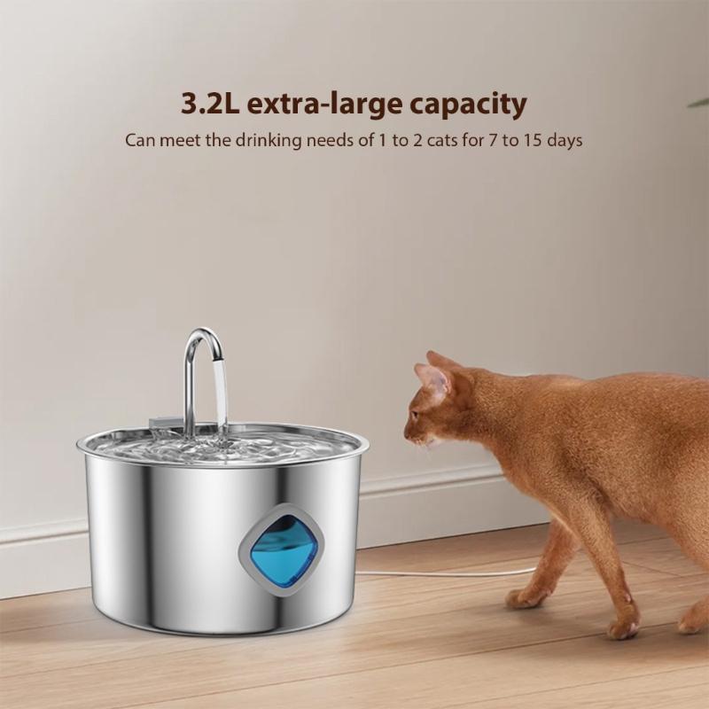 3.2L Pet Water Dispenser Stainless Steel Automatic USB Water Fountain For Dog Cats with MultiLayer Filtration Systems