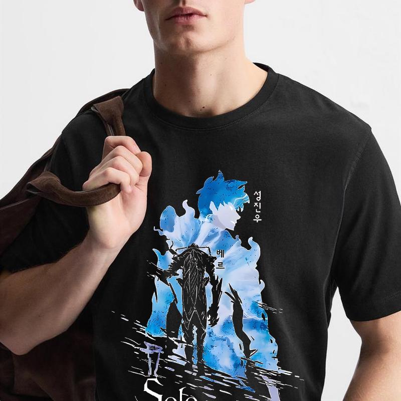 Vintage Anime Print Solo Leveling T-shirt Men Women Cotton T Shirt Beru And Sung Jin-woo Streetwear Crew Neck Solo Leveling Tops
