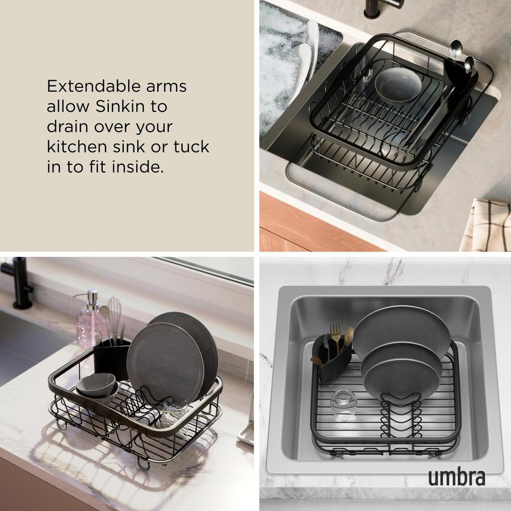 Official Umbra 3-Way Dish Drainer, Black, In-Sink, 36cm W x 29cm D x 14cm H