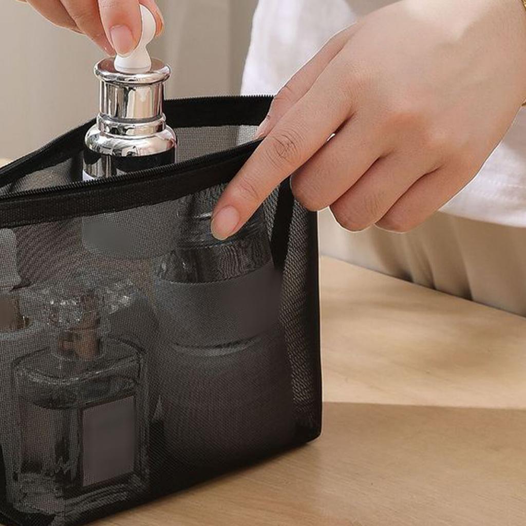 Trousse de maquillage en maille grande capacité avec fermeture, pochette de voyage pour produits cosmétiques, organisateur de toilette en maille