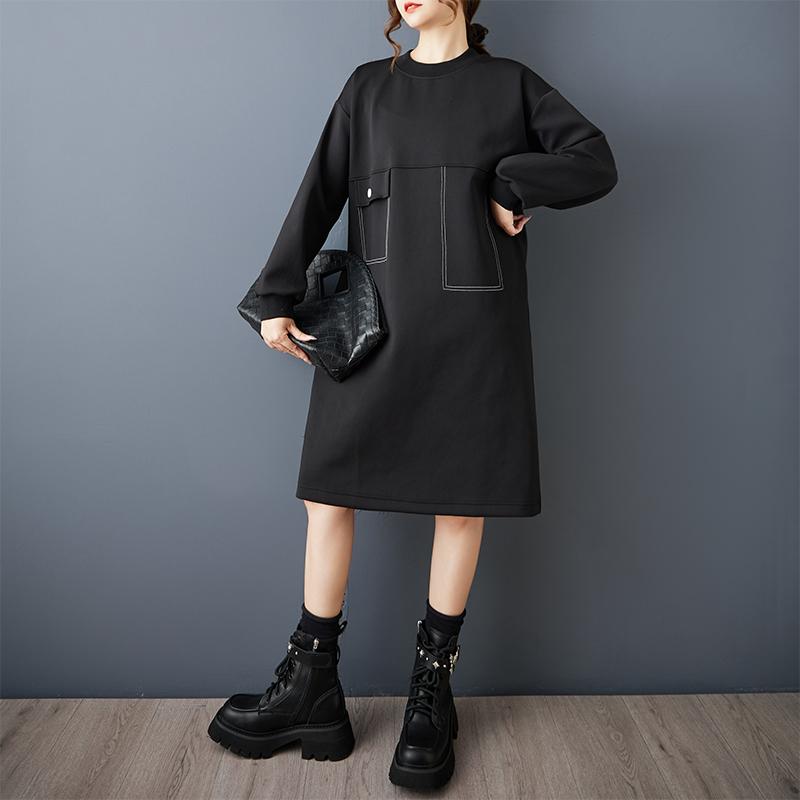 DIMANAF 2025 Women Plus Size Autumn Shirt Dress Long Sleeve Loose Casual Oversize Vintage Dress Black