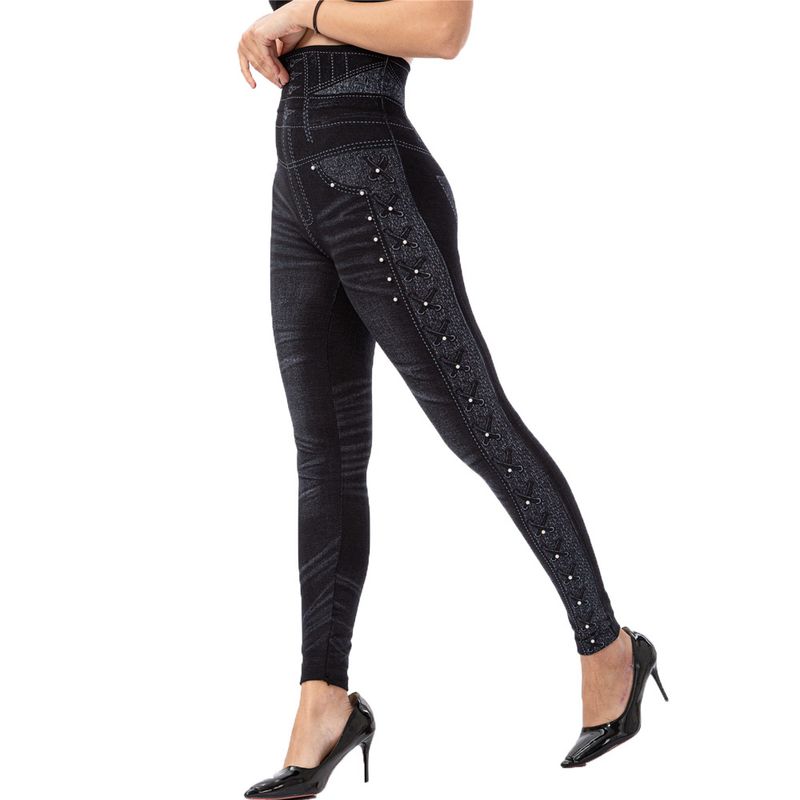

Джинсовые леггинсы с высокой талией и заклепками, леггинсы из имитации джинсовой ткани с бисером для женщин black L