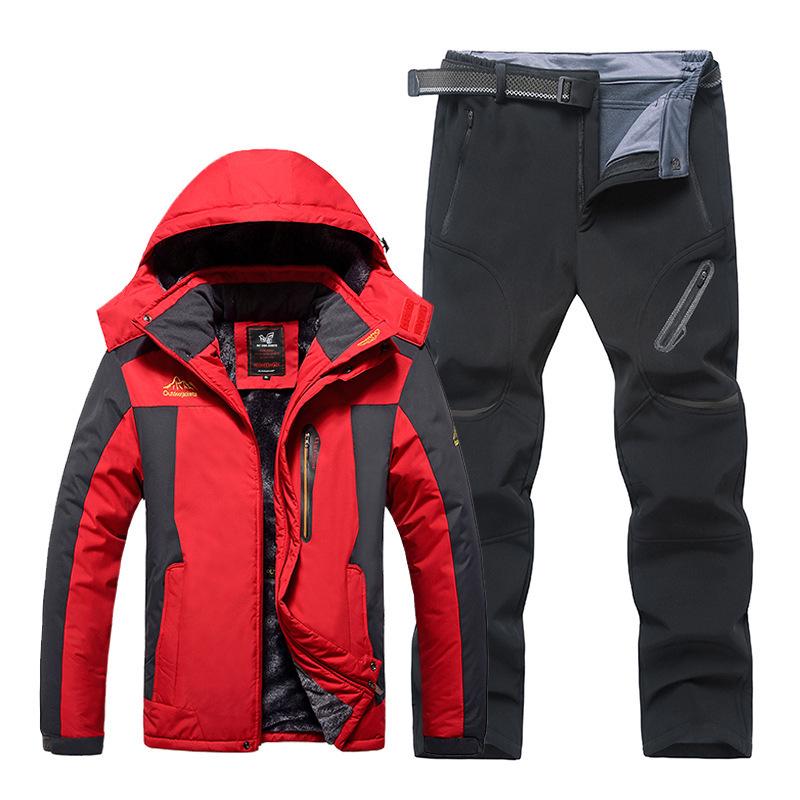 Men's 2023 Winter Hooded Ski Suit with Fleece Lining - Thick, Waterproof & Windproof Pants Set