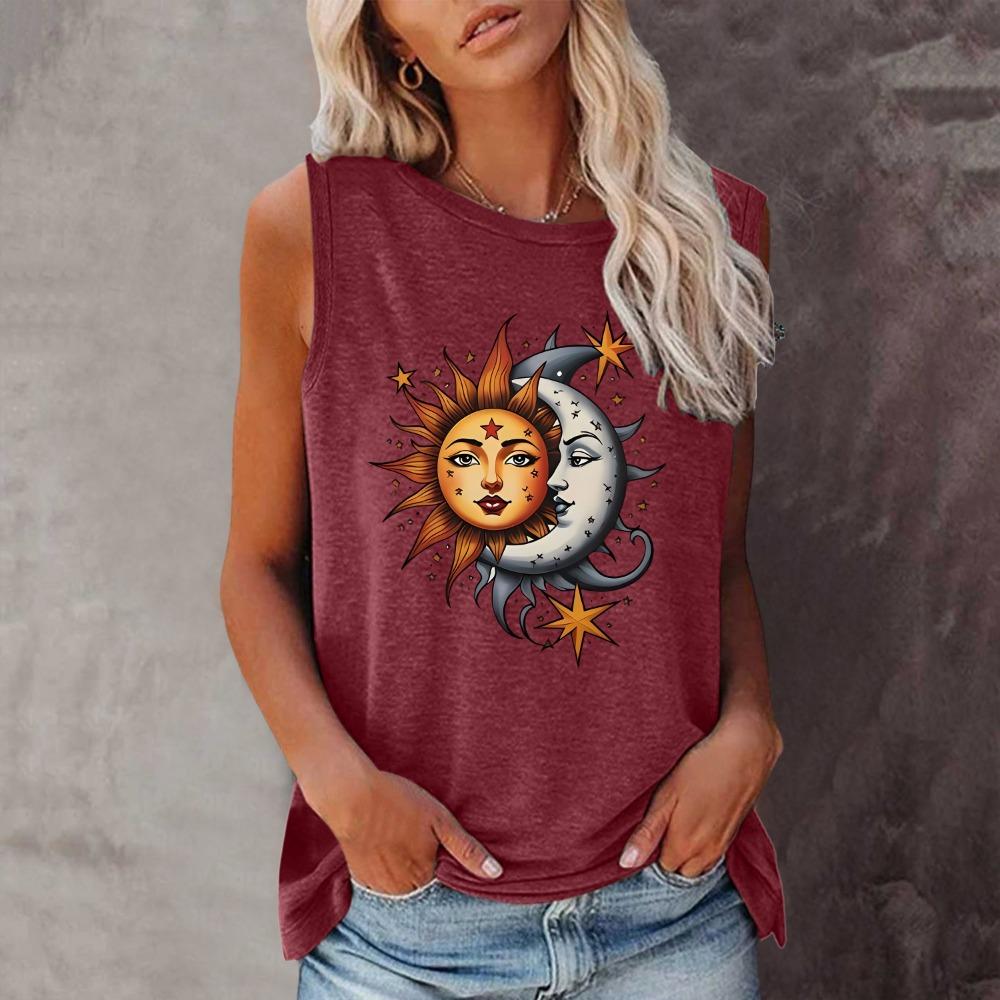 Sun and Moon T-shirt, Short Sleeve Crew Neck Casual Top for Summer & Spring, Women's Clothing Harajuku Tops