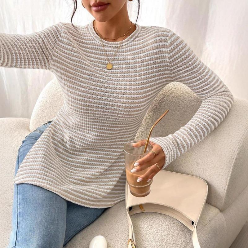Womens Striped Long Sleeve Crew Neck Slim Fit Knit T Shirt