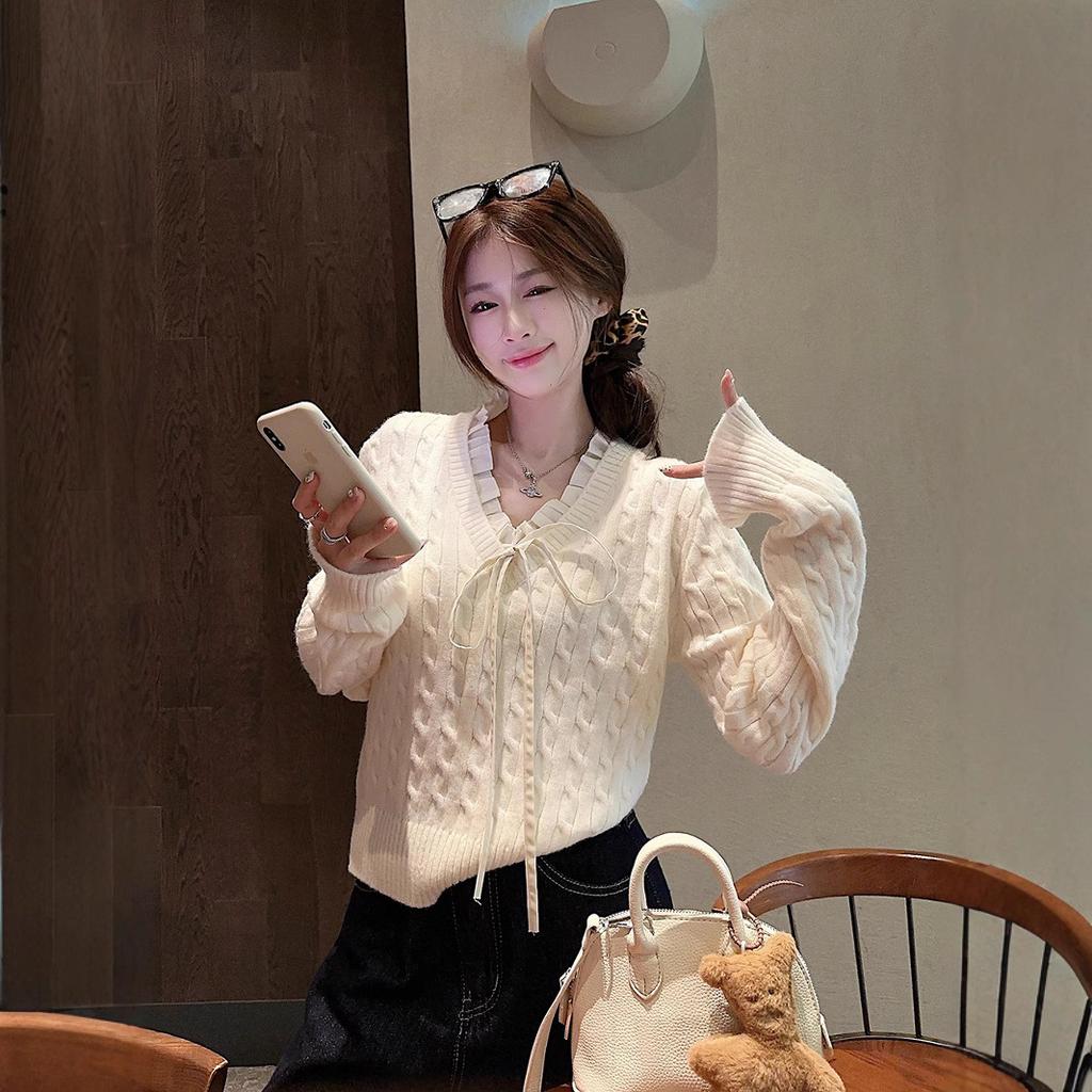 Korean Preppy Style Fake Two Piece Long Sleeve Sweater Women Winter Blue Soft Fit Knit Top